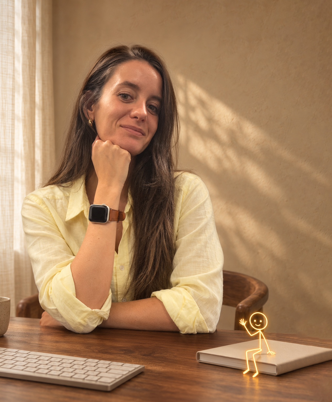 Cristina Mendoza, founder of Jig Marketing, in a yellow shirt at her desk with a little gold character waving from a notebook