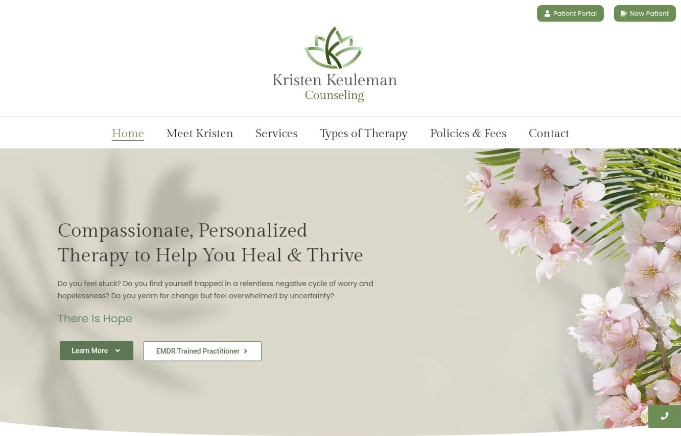 Kristen Keuleman Counseling website with delicate botanical imagery, cream tones, and soft green details