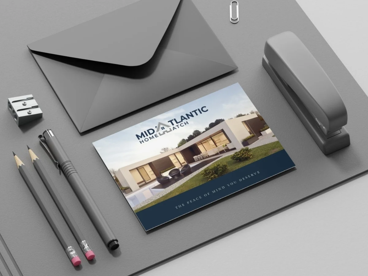 Mid-Atlantic Home Watch card with a property photograph, presented with stationery