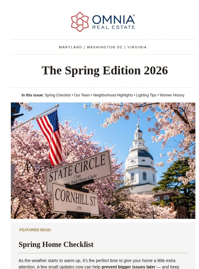 OMNIA Real Estate Spring Edition newsletter with cherry blossoms in Annapolis
