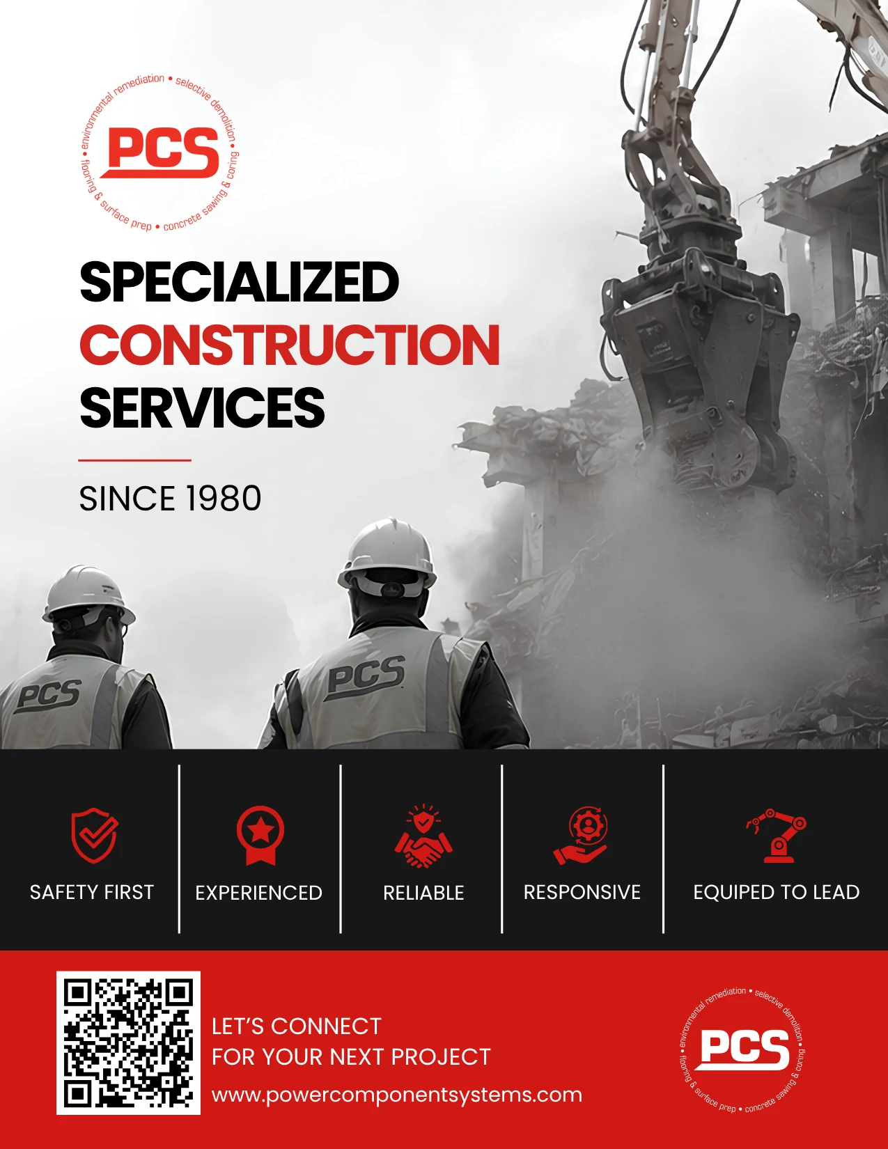 PCS company brochure in red, black and white with construction photography