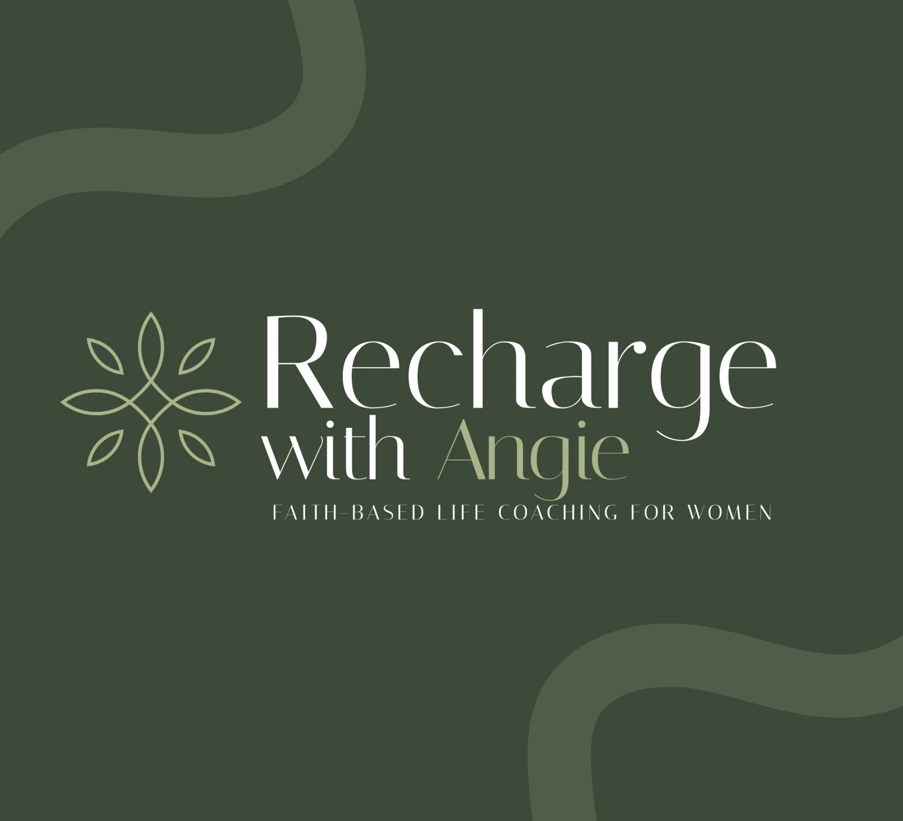 Recharge with Angie identity with a botanical symbol and cream typography on deep green