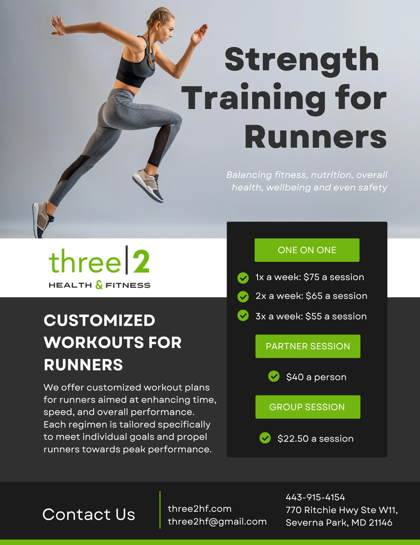 Three2 training brochure with a runner, bold headline and lime green details