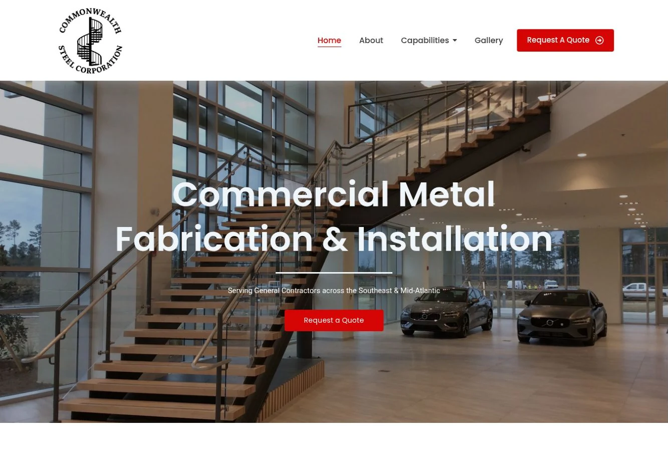 Commonwealth Steel website with architectural staircase photography and red calls to action