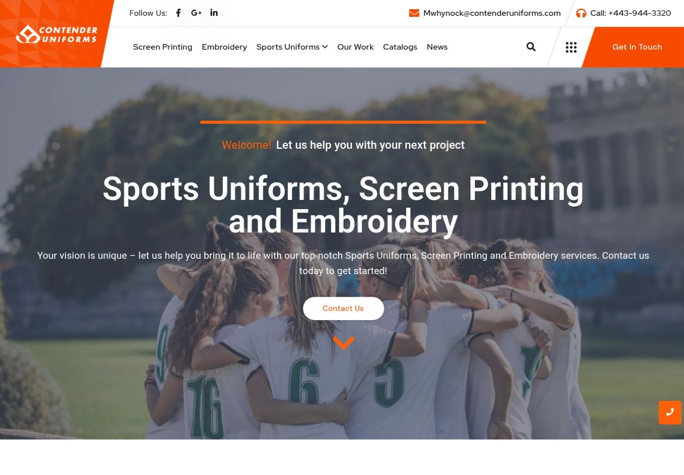 Contender Uniforms website with bold orange branding and a sports team gathered on a field