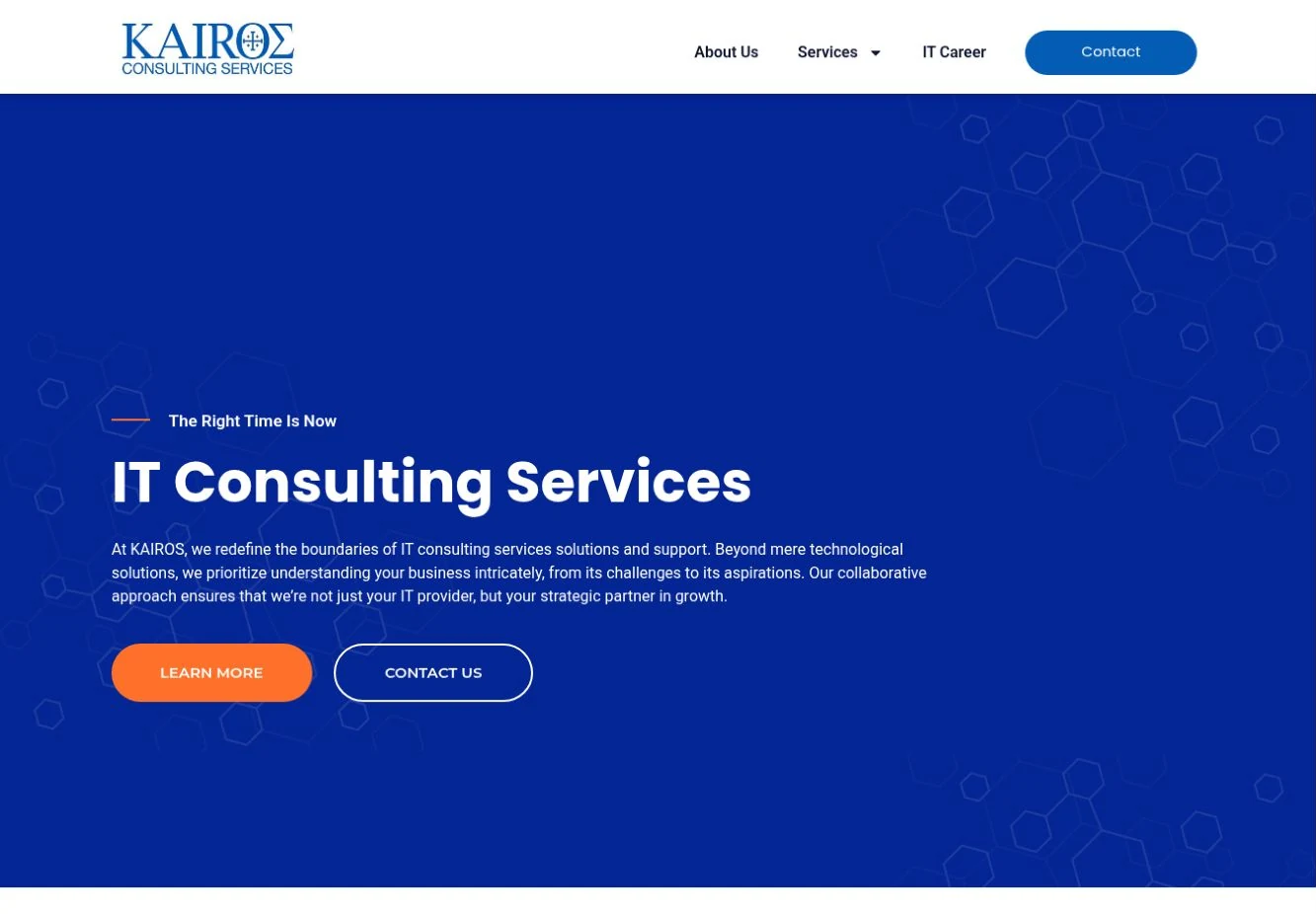 KAIROS Consulting Services website with a deep blue technology banner and orange action button