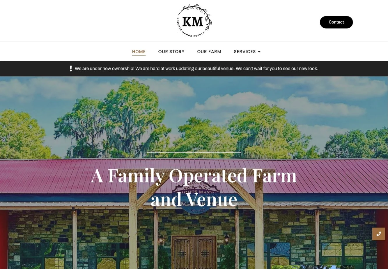 Knights Manor Farm website showing its rustic event barn with elegant white serif typography