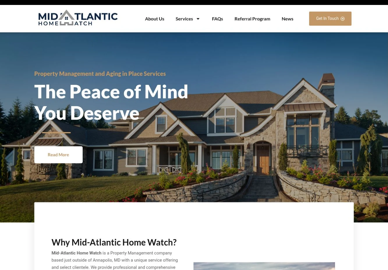 Mid-Atlantic Home Watch website featuring a stone home, navy branding, and warm gold accents