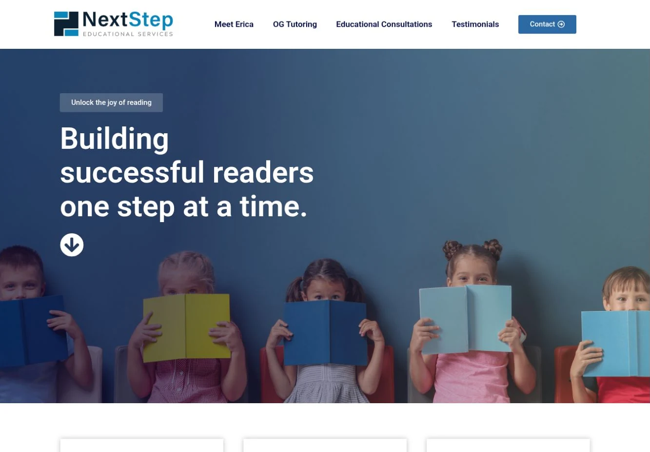 NextStep Educational Services website with blue branding and children holding colorful books