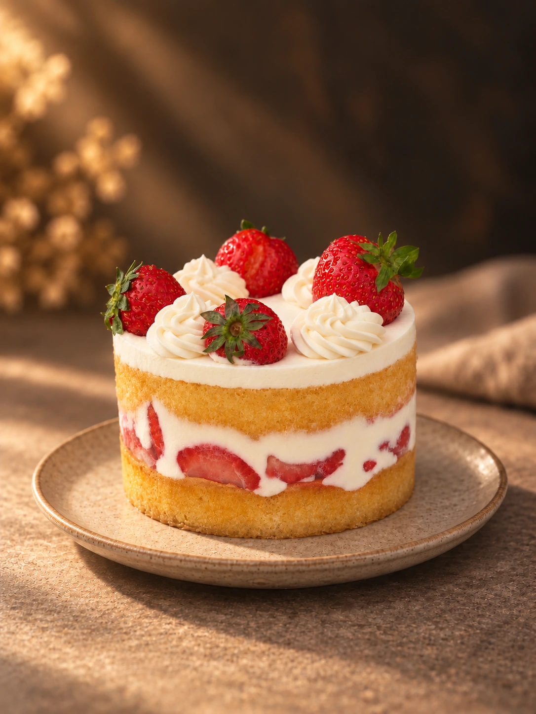 Retouched strawberry layer cake with neatly restored cream, fresh strawberries, and soft editorial light