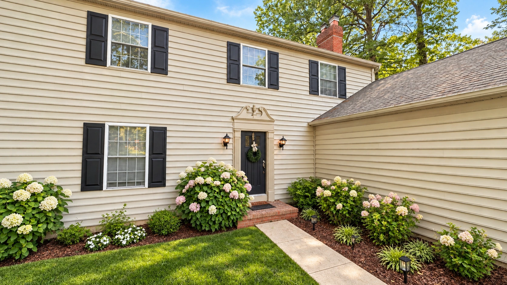 The same house in bright natural daylight with flowering shrubs, a tidy garden, and unchanged architecture