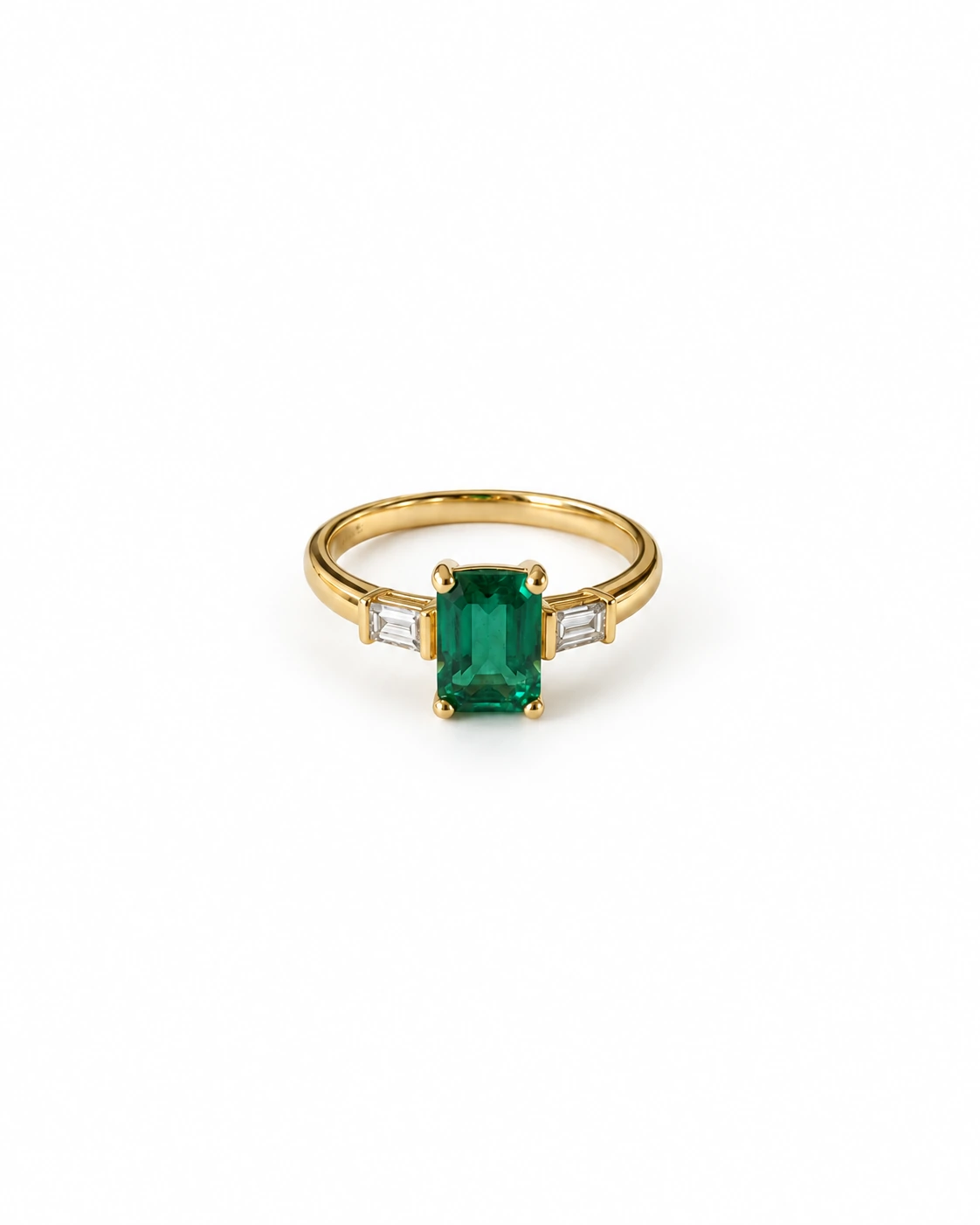 The same generated ring presented with a clean white background, controlled reflections, and detailed gemstones