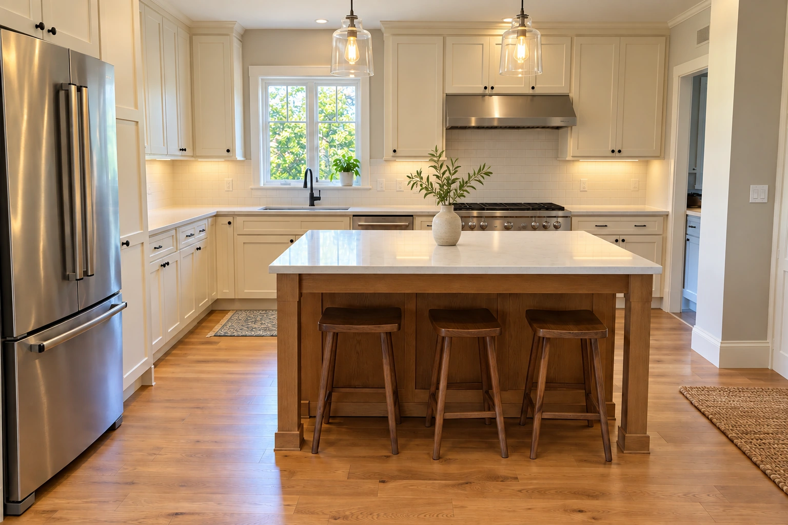 The same kitchen decluttered and lightly styled with balanced daylight and its original layout preserved