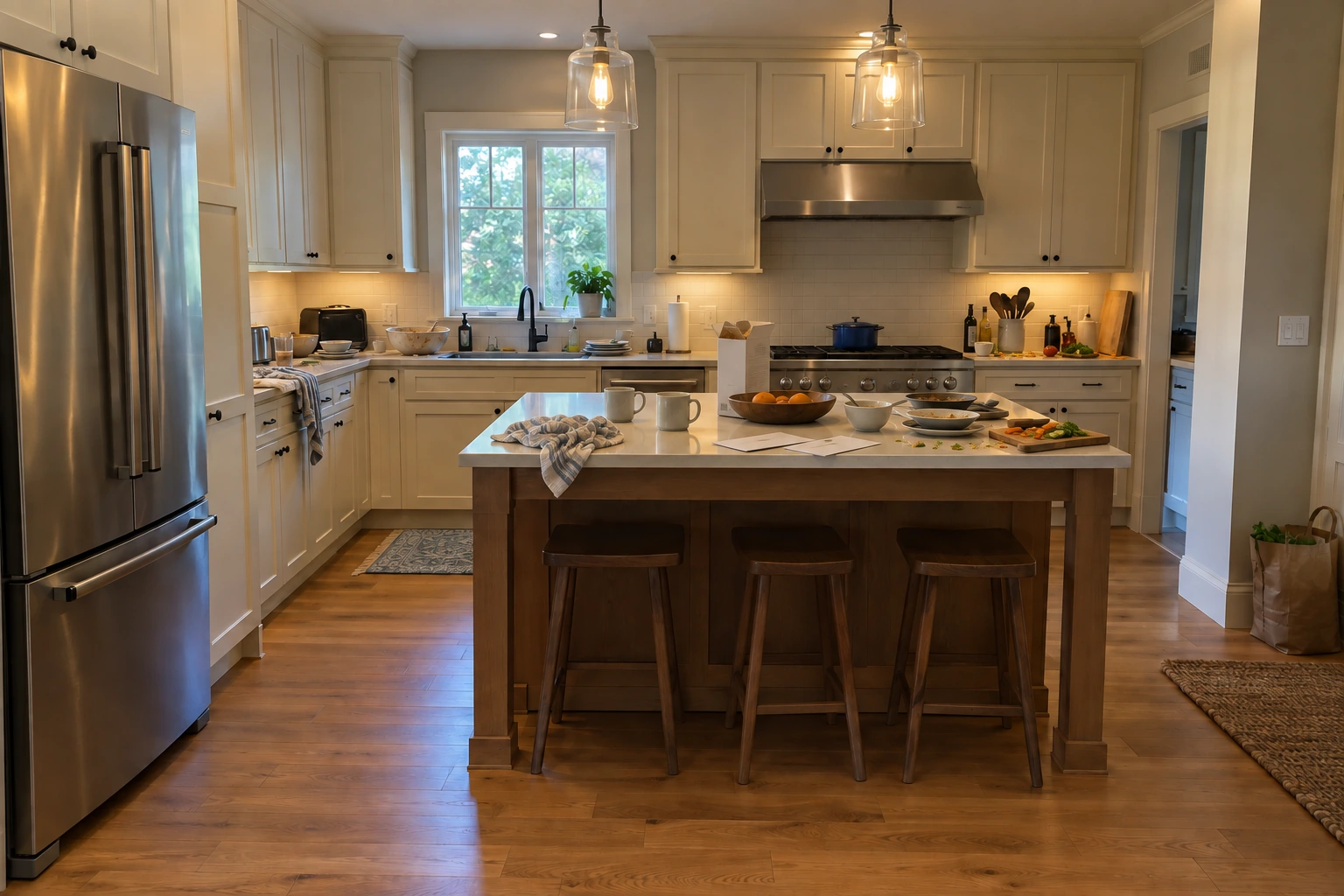 Generated kitchen before retouching, with countertop clutter and dim mixed lighting