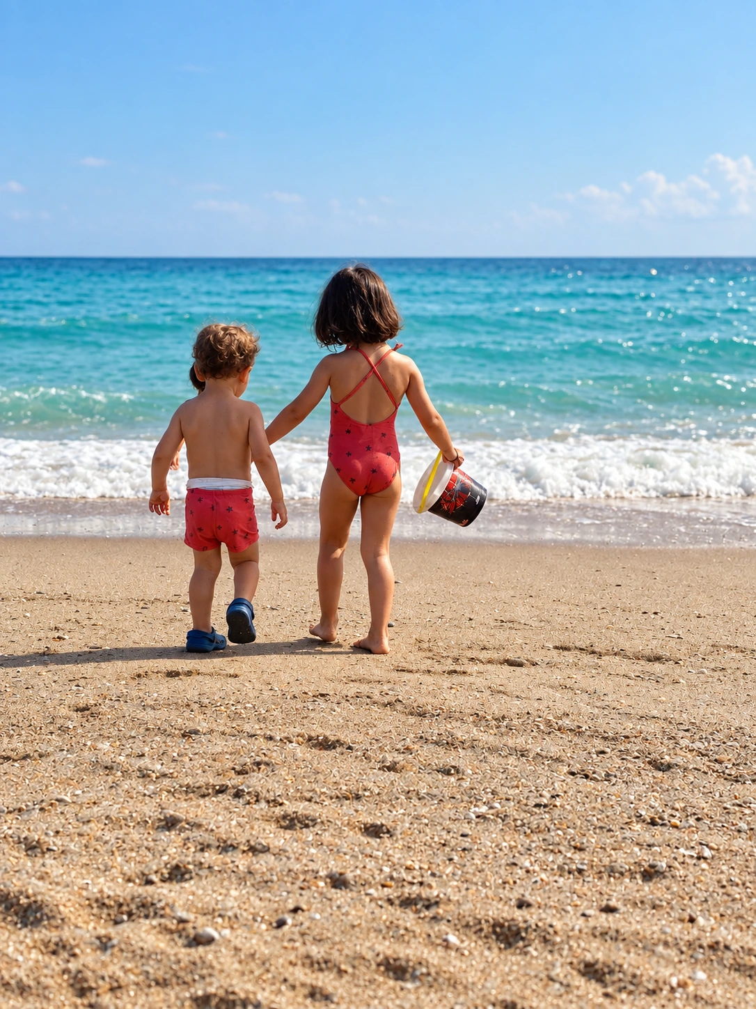 The same two children at the shoreline with balanced skin tones, bright natural beach light, and clear turquoise water