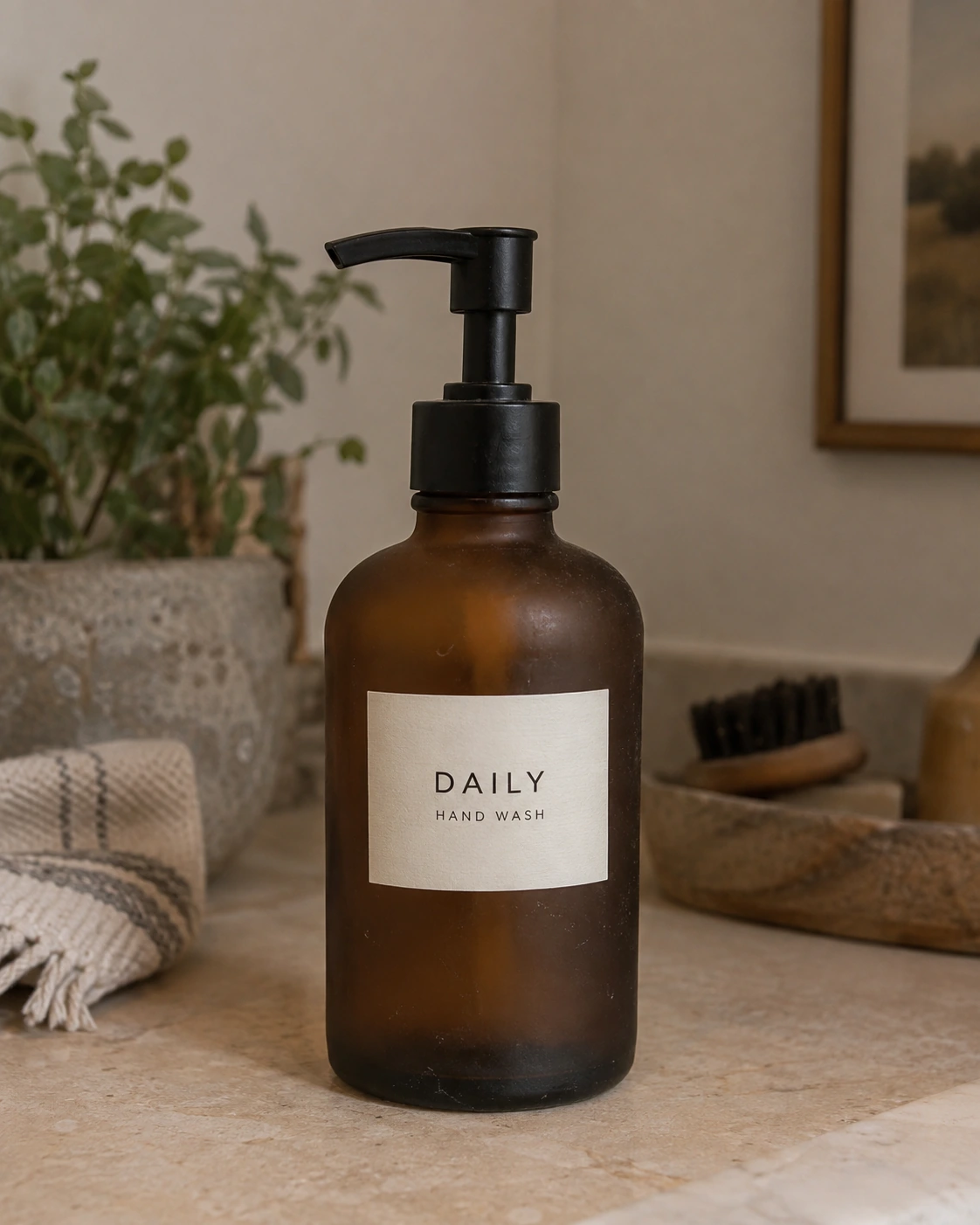 Generated casual photograph of an amber hand-wash bottle with a black pump and an ivory label